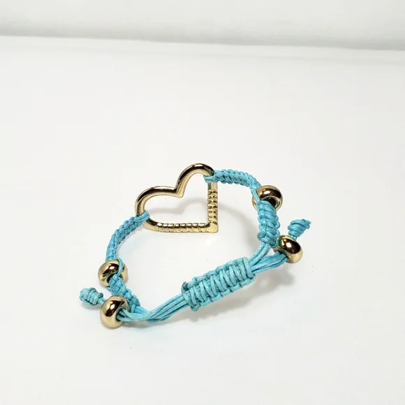 Macrame Bracelet with Heart Charm Blue Wax Cord Gold tone - Picture 4 of 9